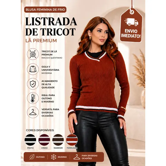 Blusa Feminina de Frio Listrada de Tricot Lã Premium Manga Longa Gola V Úniversitaria Outono Inverno