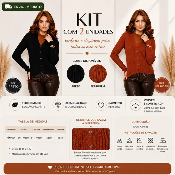 KIT 2 Blusa Feminina Tricot Casaco Manga Longa Com Botões Tendência Inverno