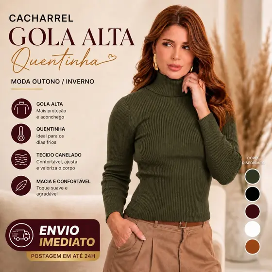 Cacharrel Feminina Gola Alta Canelada Inverno Quentinha Ajusta Corpo Manga Longa Moda