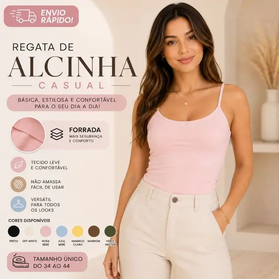 Regata Alcinha Casual Virgínia - Alça Fina Confortável, Poliamida Toque Macio Com Forro