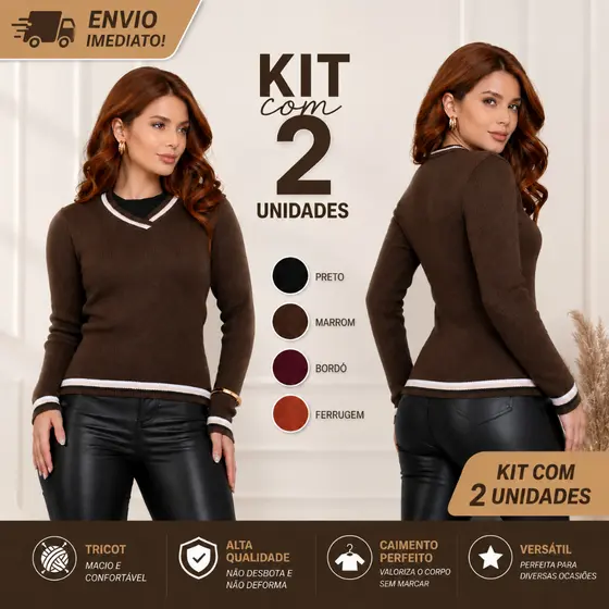 KIT 2 Blusa Feminina de Frio Listrada de Tricot Manga Longa Gola V Universitaria Outono Inverno