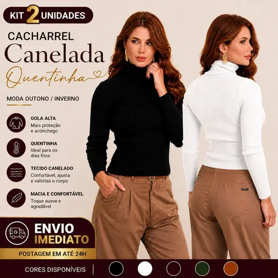 KIT 2 Cacharrel Feminina Gola Alta Elastano Inverno Quentinha Ajusta Corpo Manga Longa Moda