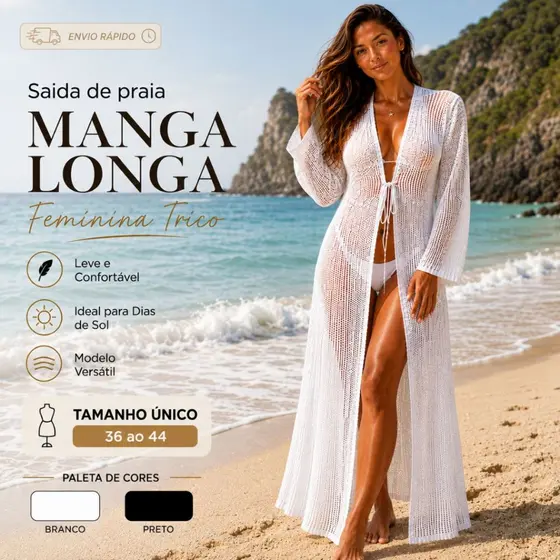 Saída de Praia Feminina Manga Longa Tricô Moda Verão Elegante