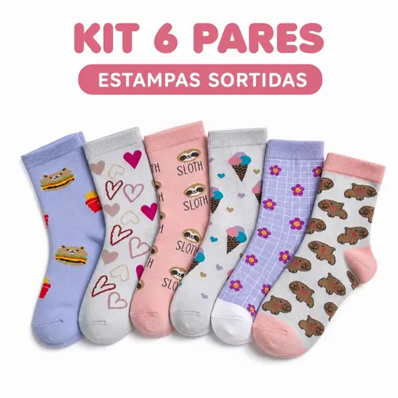 Kit 6 Pares de Meias Infantis Estampadas Sortidas Cano Médio Unissex 24 ao 37