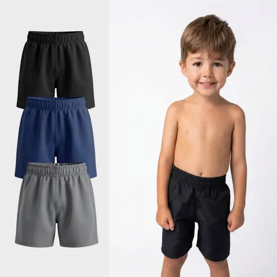 Kit 3 Bermuda Shorts Tactel Menino Verão Praia Escolar Infantil Juvenil Lazer Presente Liso Pai Mãe