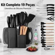 Kit de Facas e Utensílios de Cozinha 19 Peças Completa com Suporte Aço Inoxidável Silicone Antiaderente