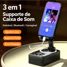 Caixa de Som Bluetooth 3 em 1 com Suporte Dobrável para Celular e Base Antiderrapante para Live