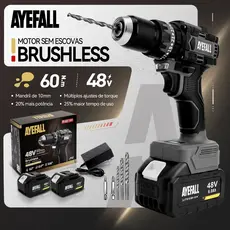 Parafusadeira Furadeira De Impacto Brushless 48V 10mm Sem Fio Kit Com 2 Baterias Brocas E Acessórios