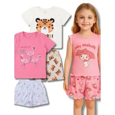 Kit 5 Conjuntos Sortidos Pijama Infantil Feminino Menina Juvenil Algodão Camiseta + Shorts Verão