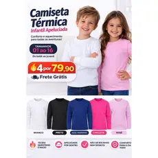 Kit com 4 Camisetas Térmicas Infantil Segunda Pele Proteção Contra Frio Criança