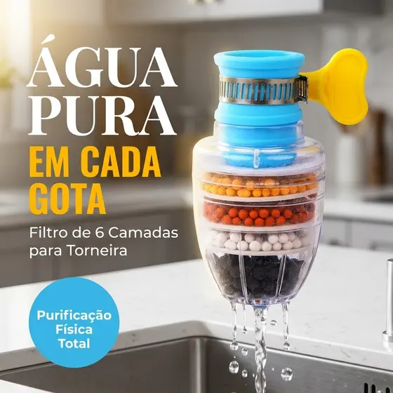 Filtro de Água Purificador Carvão Ativado 6 Camadas, Filtro de Torneira Lavável Removível, Com Interface Universal