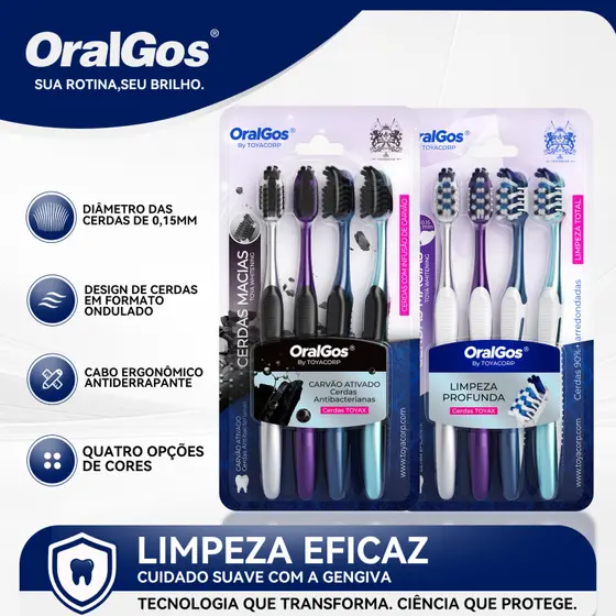 OralGos Escova de dente com carvão ativado, Kit 4un, Proteja a saúde bucal