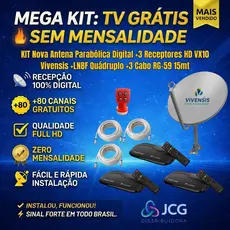 KIT Nova Antena Parabólica Digital +3 Receptores HD VX10 Vivensis +LNBF Quádruplo +3 Cabo RG-59 15mt
