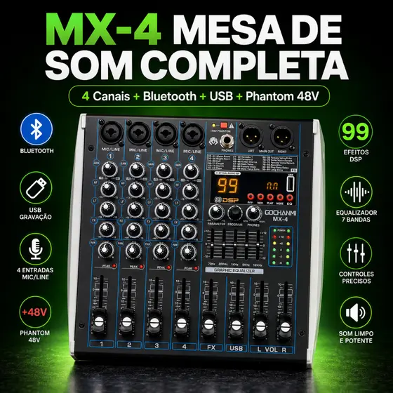 Mesa de Som MX4 4 Canais Para Igreja Sala de Aula Reunião Show E Discurso