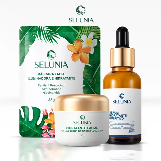 Kit Skincare Facial Selunia: Máscara+Sérum+Creme Reparação Calmante Pós Sol Hidratação Barreira