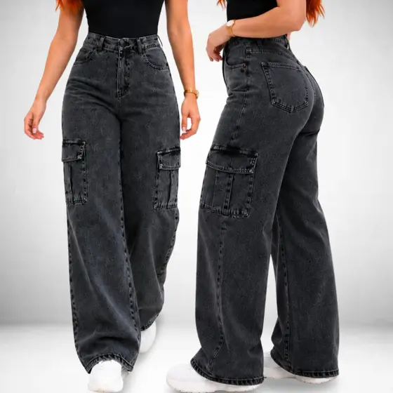 Calça Jeans Feminina Cargo Wide Leg Marmorizada Preta Pantalona Larga - Cintura Alta Premium