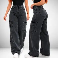 Calça Jeans Feminina Cargo Wide Leg Marmorizada Preta Pantalona Larga - Cintura Alta Premium
