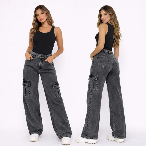 Calça Cargo Wide Leg Jeans Feminina Marmorizada Preta Com Cintura Alta