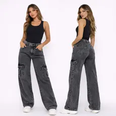 Calça Cargo Wide Leg Jeans Feminina Marmorizada Preta Com Cintura Alta