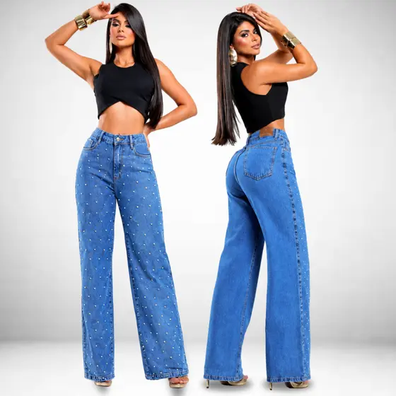 Calça Jeans Feminina Com Strass Wide Leg Blogueira