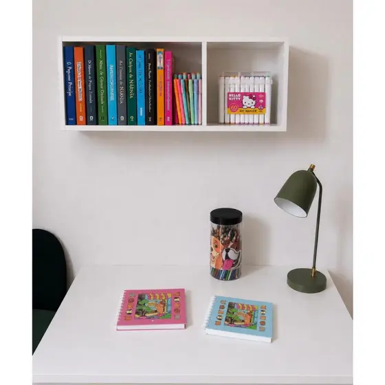 Kit Mesa Escrivaninha Branca MDF + Nicho Suspenso Decorativo MDF Quarto Escritório Home Office