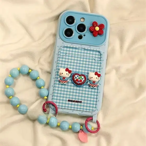 Porta-cartões xadrez Hellokitty adequado para capa de iPhone 17 Pro Max, 16 novo estilo, 15 estilo coreano, 14/ 0029