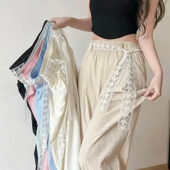 Calça Feminina Mais Nova Kulot Longa Cintura Alta – Cinto Tricotado Bordado, Modelo Reto Casual para Escritório