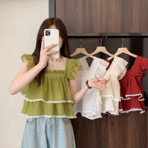 Camisa feminina doce, modelo novo, estilo curto e solto, blusa bonita, gola quadrada.