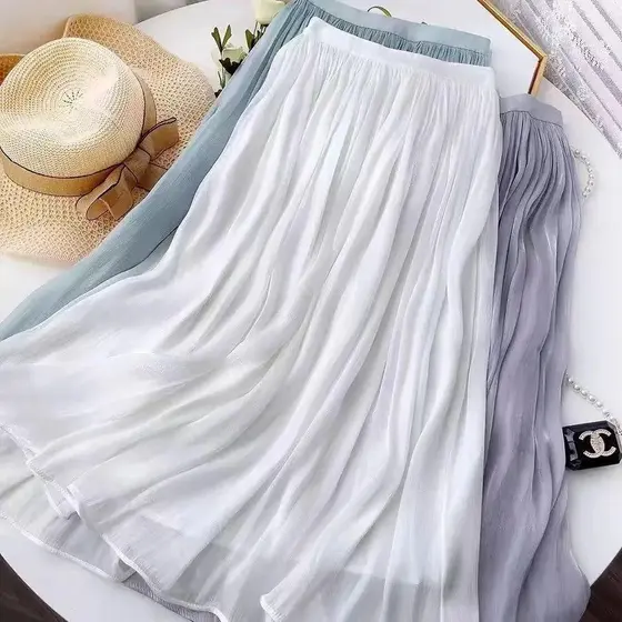 Saia Midi Feminina Nova Estilo Verão, Cintura Alta Translúcida, Prega Suave Moda Coreana