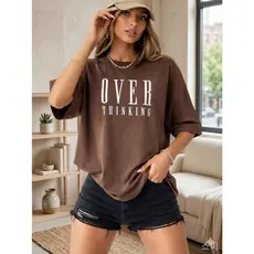 Camiseta Basica Casual Tradicional Feminina Over Thinking estilo de Rua Academia 100% Algodão