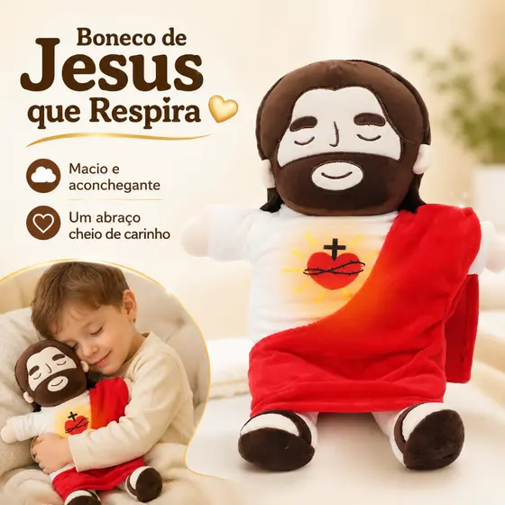 Boneco de Jesus de pelúcia de 38 cm com movimento respiratório e música para redução da ansiedade