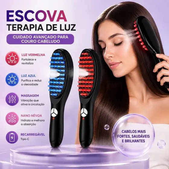 Escova de Luz LED 4 em 1 para Queda de Cabelo – Massagem, Spray de Íons e Terapia Vermelha e Azul