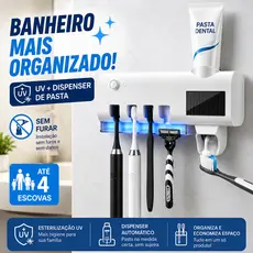 Porta Escova de Dente com UV e Dispenser Automático de Pasta Dental, Suporte de Parede para Banheiro Sem Furar