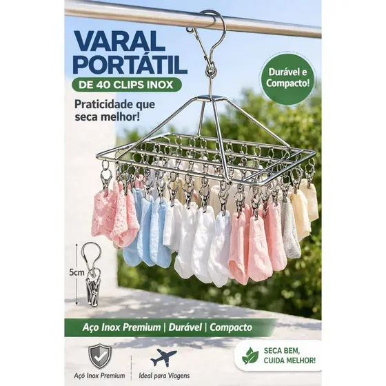 Varal 40 Clips Prendedores De Inox Retrátil Pequeno Roupas Íntimas Meias Peças Suspenso Apartamento