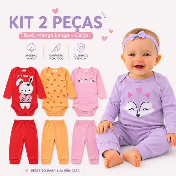 Kit 2 Peças Bebê Menina Body Manga Longa + Calça Algodão Confortável RN ao G