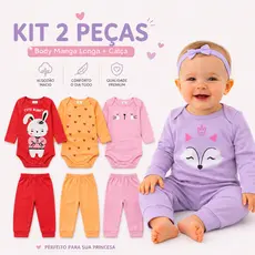 Kit 2 Peças Bebê Menina Body Manga Longa + Calça Algodão Confortável RN ao G