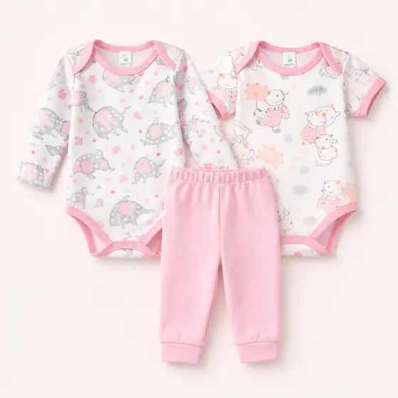 Kit Trijunto Bebê Menina 3 Peças Body (Manga Longa + Manga Curta + Calça) Algodão Confortável RN ao G