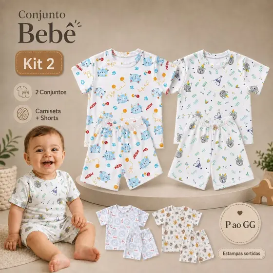 Kit 2 Conjunto Infantil Menino Roupa Bebe Estampado 2 Camiseta Manga Curta + 2 Shorts 100% Algodão