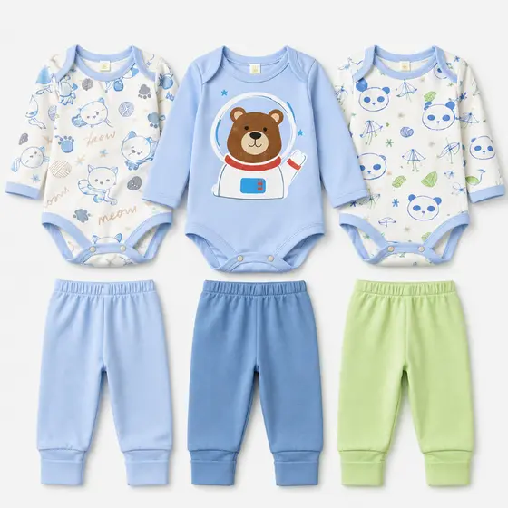 Kit 6 Peças Bebê Menino 3 Body Manga Longa + 3 Calças Algodão Macio Confortável RN ao G