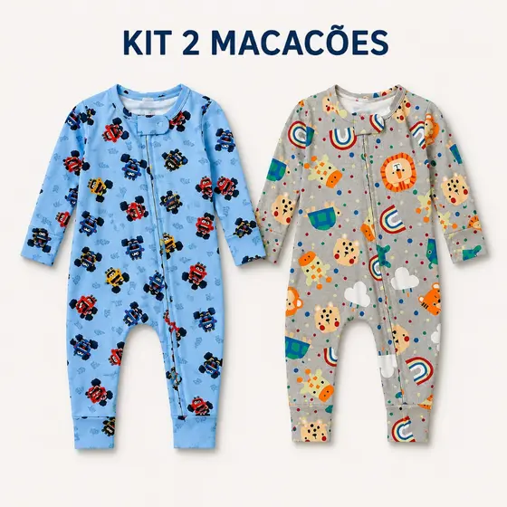 Kit 2 Macacões Suede Bebê Menino RN ao G Manga Longa com Zíper Tecido Quentinho Toque de Pêssego