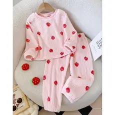 Conjunto de 2 peças para meninas com estampa de morango, blusa de manga e calça comprida