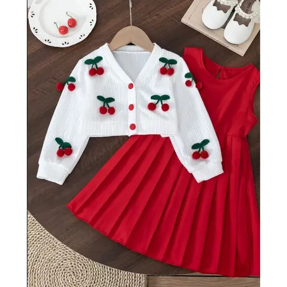 Conjunto de 2 peças de vestido plissado para meninas com cardigã de suéter de abertura frontal e vestido sem mangas