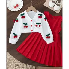 Conjunto de 2 peças de vestido plissado para meninas com cardigã de suéter de abertura frontal e vestido sem mangas