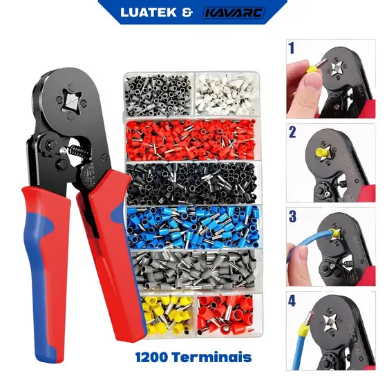 Kits Alicate Crimpar + 1200 Terminais Ilhós 0,25 Até 10mm² Crimpador Catraca Ajustável de Segurança