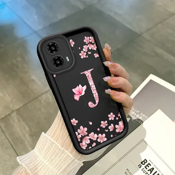 Capinha Flor Para Motorola Moto G34 5G Capa Com Letra Personalizada Macia Silicone Proteção Case