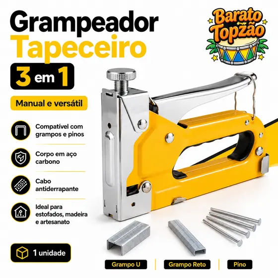 Grampeador Tapeceiro 3 em 1 Pistola Grampos Profissional Marcenaria Estofado Sofa Madeira Couro - Envio Imediato