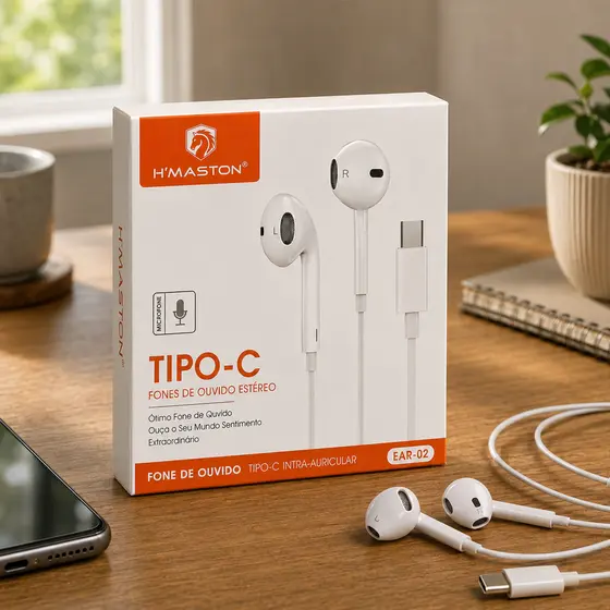 Fone De Ouvido EAR-02 Estéreo Tipo C Intra- Auricular Branco Com Fio