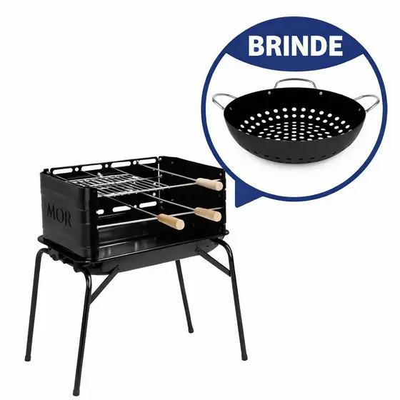 Churrasqueira Móvel Montana Com Grelha e 3 Espetos Mor + Brinde Frigideira Churrasco Wok Mor