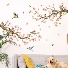 Adesivos de parede, adesivos de parede de pássaro de ramo de flor de pêssego, adesivos de parede decorativos
