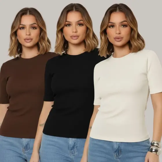 Kit 3 T-Shirt Lisa Básico Ribana Sem Transparência Dia a Dia Macia Moda Gringa Stretch